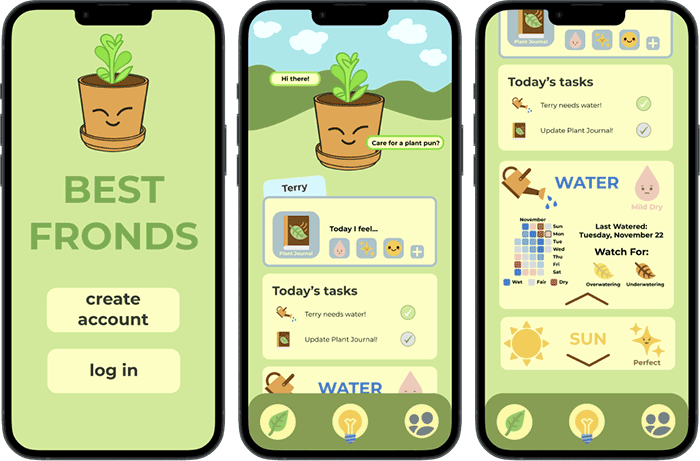 3 mobile phones displaying screens from the Best Fronds app mock-up, Screen 1: Login screen, Screen 2: Home screen, Screen 3: Home screen scrolled down