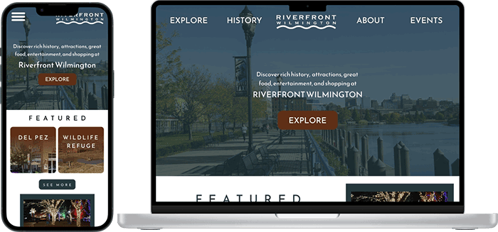 mobile phone and laptop displaying screens from the Riverfront Wilmington website redesign