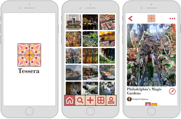 3 mobile phones displaying screens from the Tessera app mock-up, Screen 1: Logo made of 4 talvera tiles, Screen 2: Grid of images on home page, Screen 3: Opened tile page