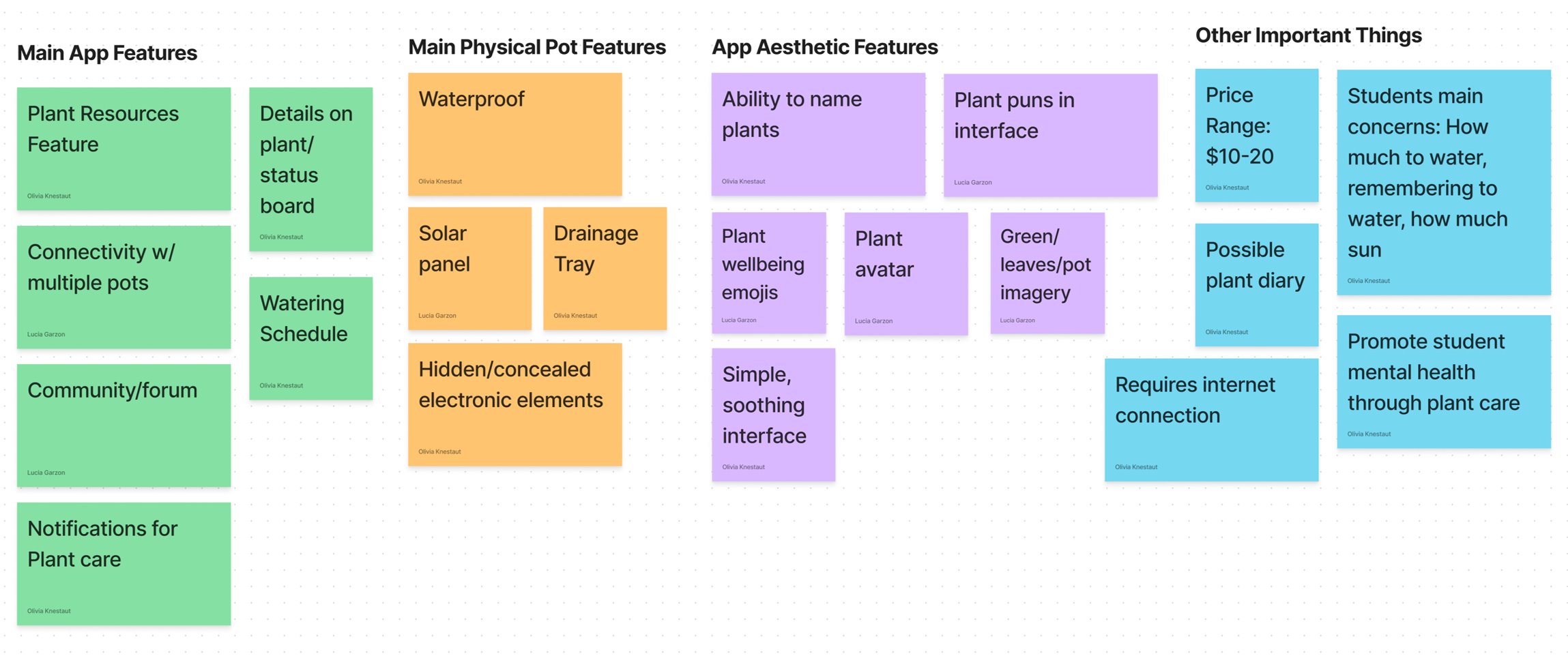 Digital board of sticky notes showing brainstorming for the main app functions and physical product details