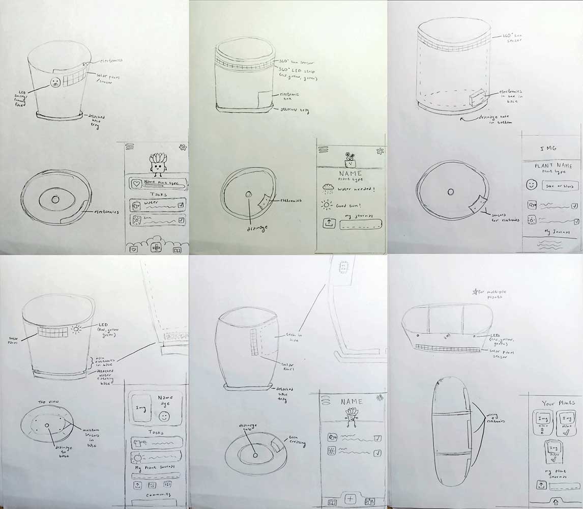 Preliminary paper sketches of the pot and app screens