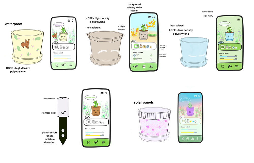 Digital sketches of flower pots and home screen designs