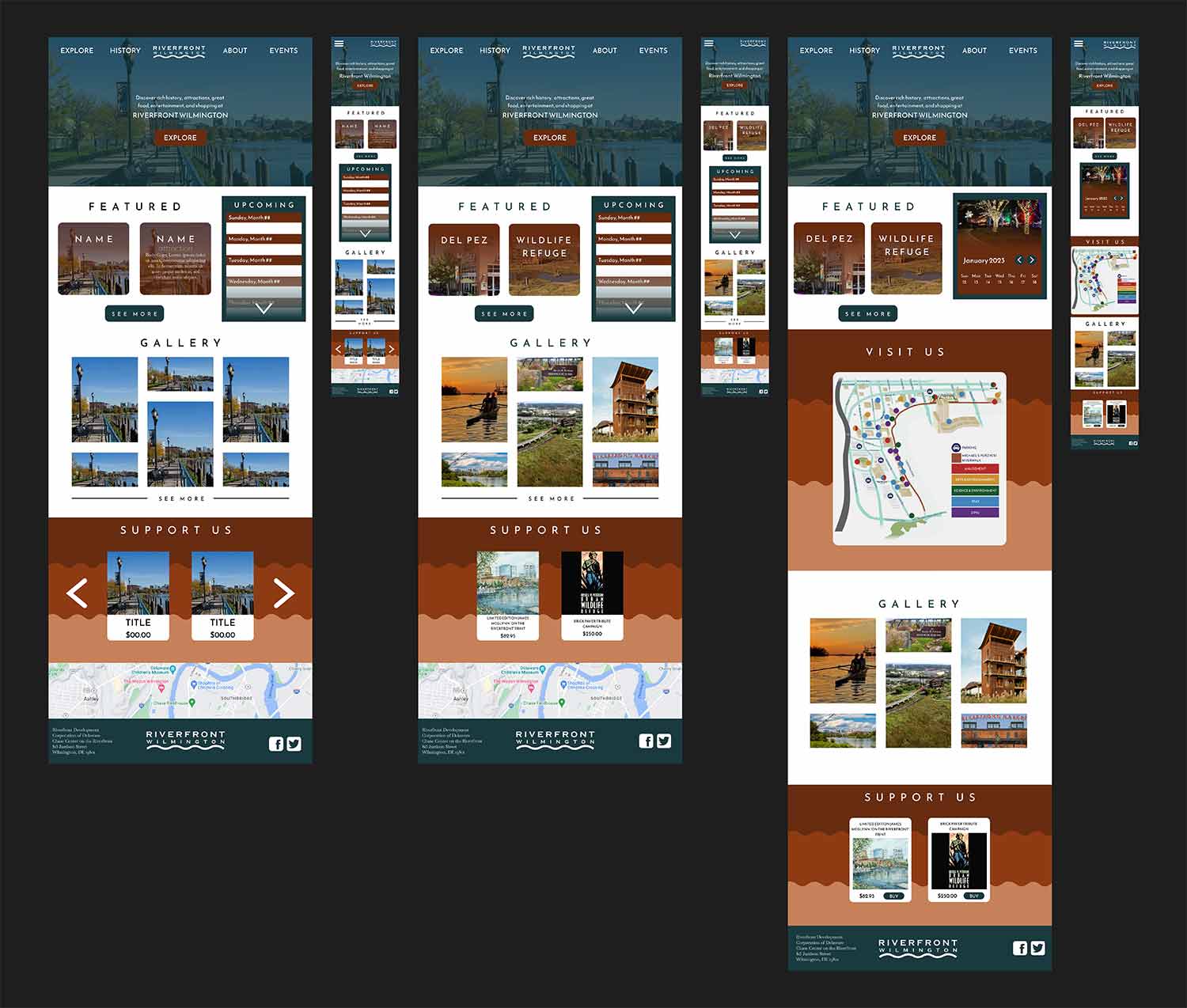 Full color high fidelity iterations based on inital wireframes for mobile and pc