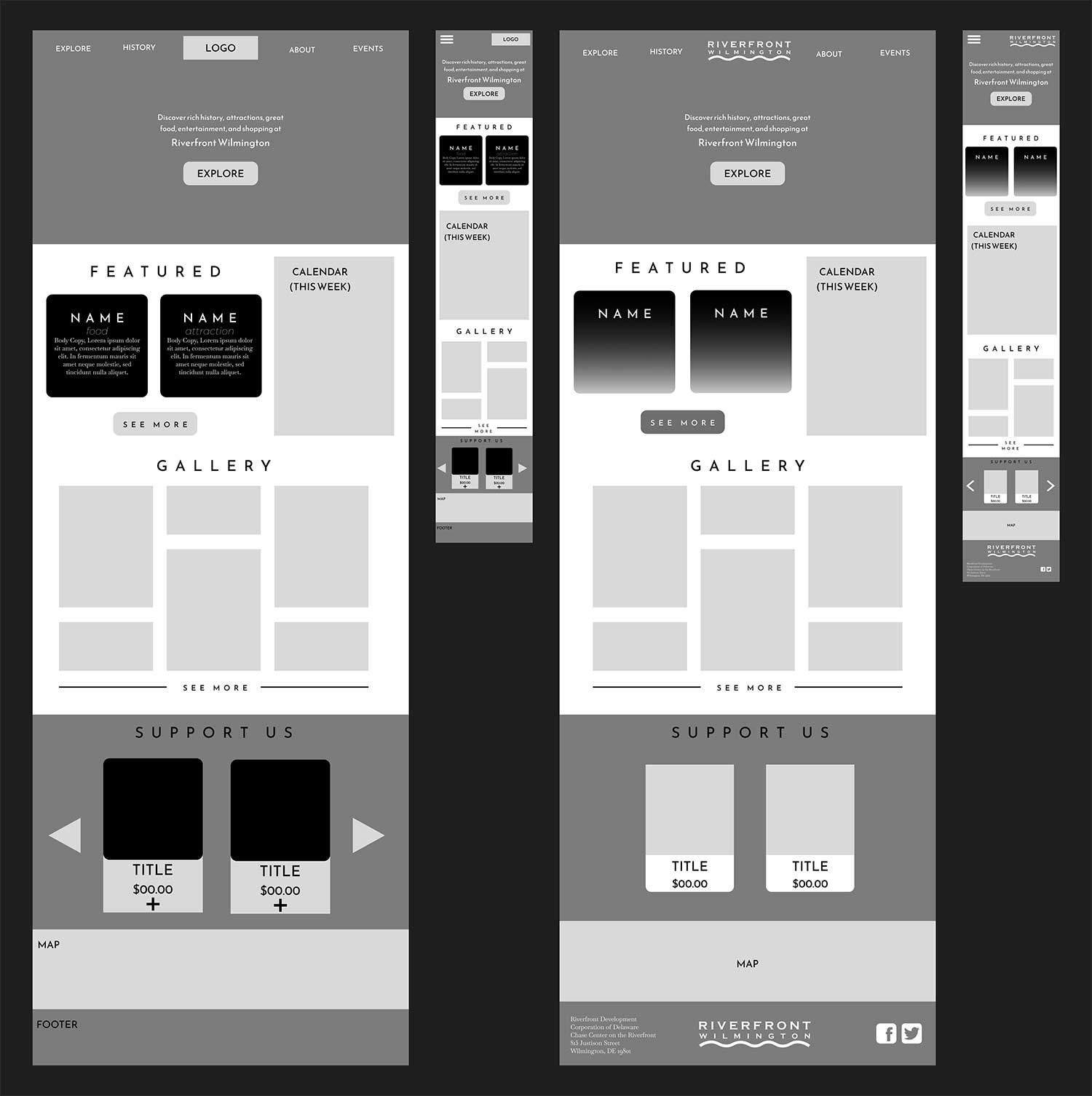 Gray scale wireframe iterations for mobile and pc