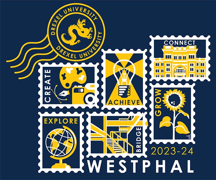 Blue, yellow, and white design made up of stamps representing the Drexel Westphal BRIDGE Program