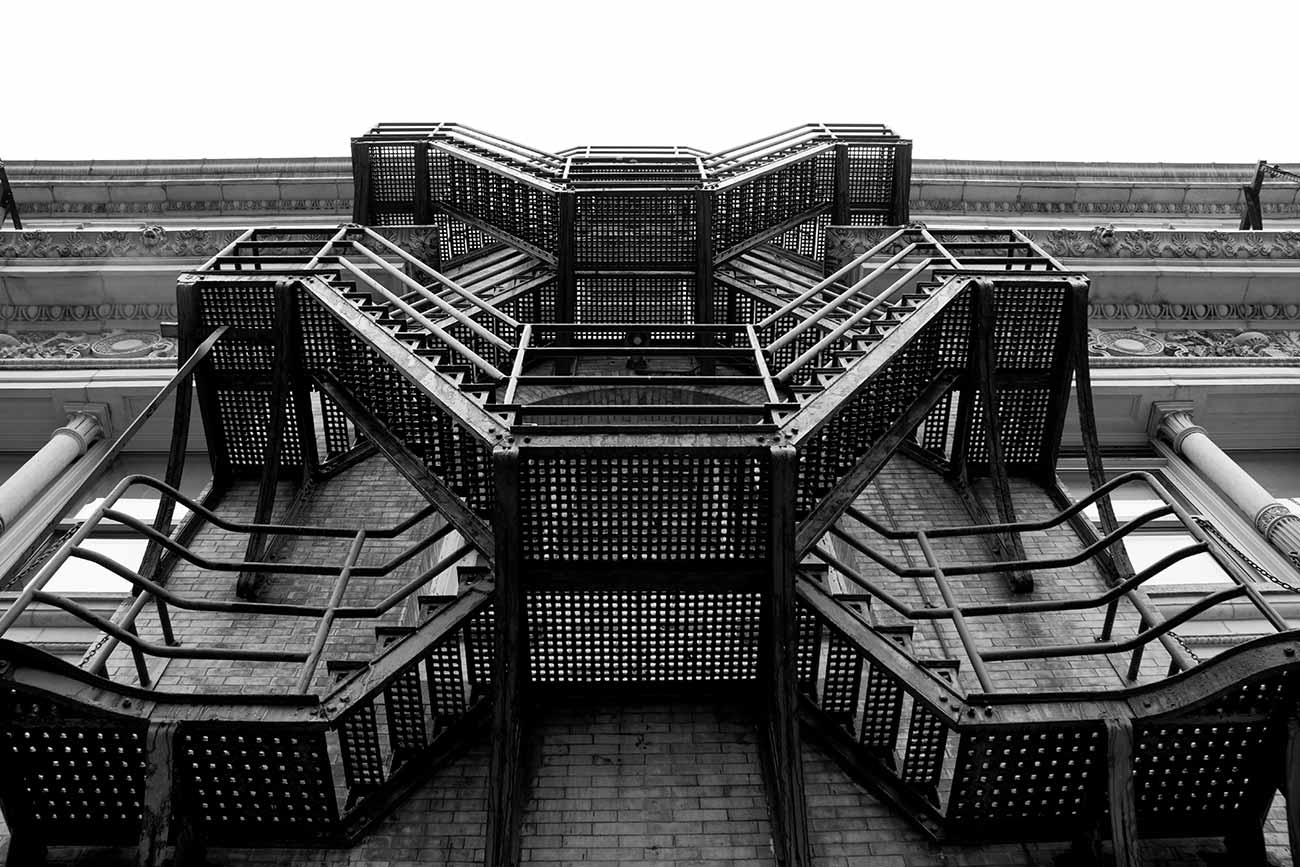 Black and white zig zag fire escape on the back of the Drexel Main Building, Philadelphia, Pennsylvania