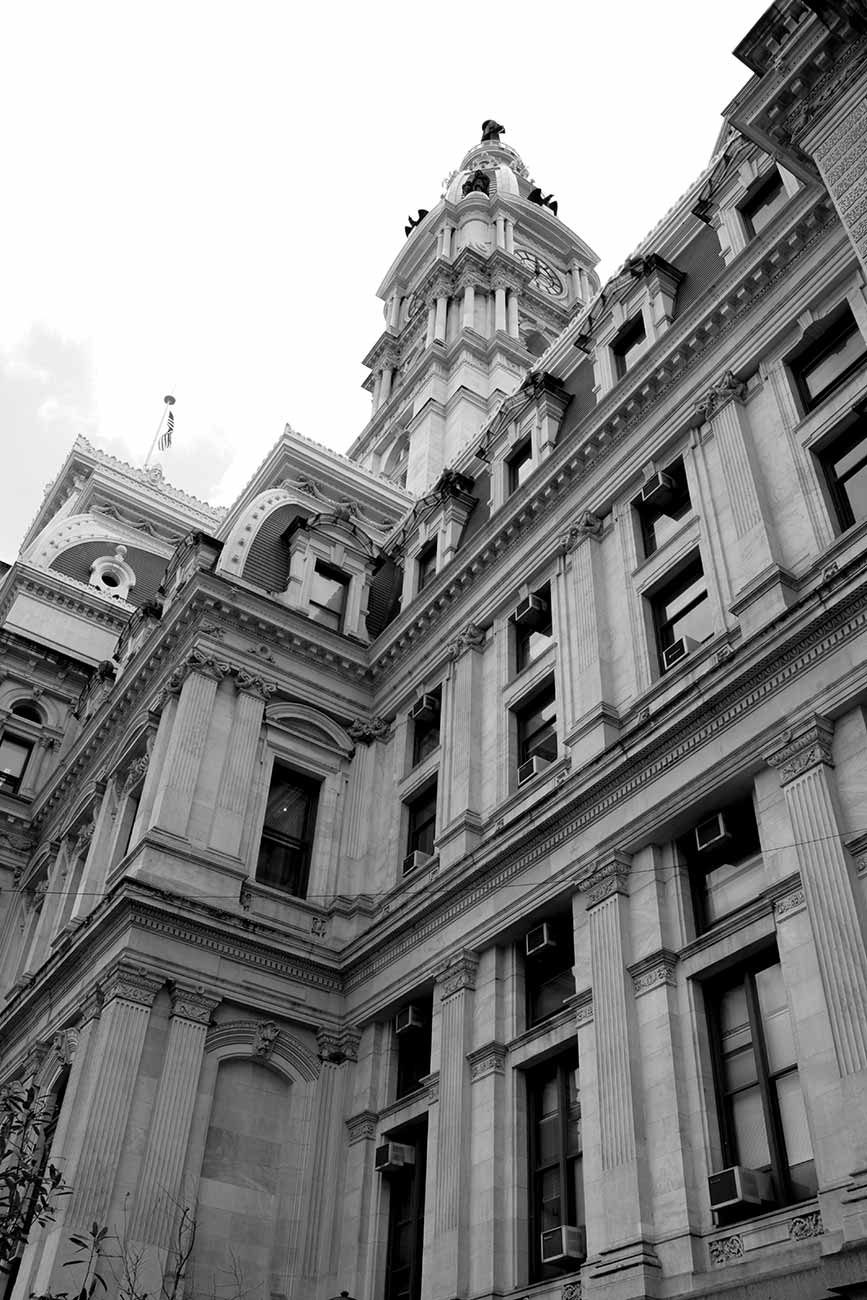 Black and white view up Philadelphia City Hall, Center City, Philadelphia, Pennsylvania